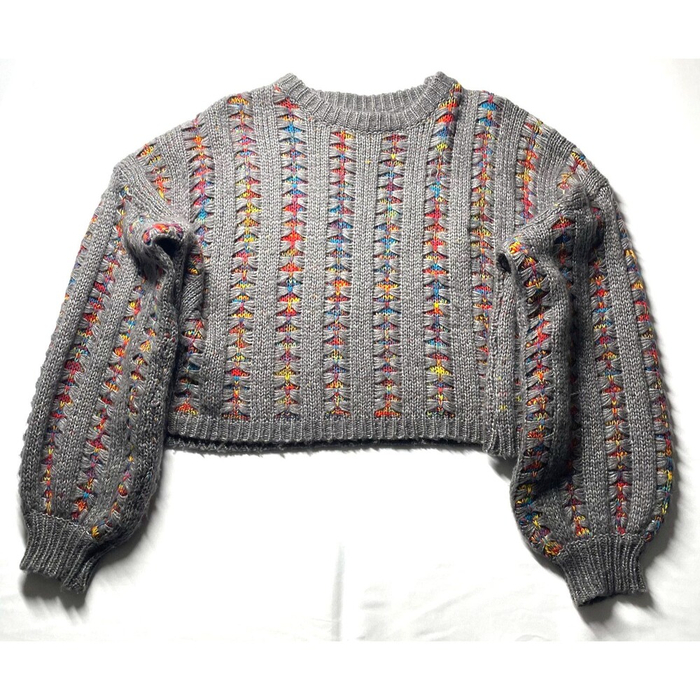 SHEIN Womens L US 8/10 Gray Rainbow Open Knit Cropped Sweater Balloon Sleeve